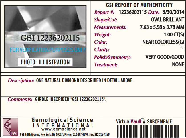 Jared Jewelers GSI report of authenticity