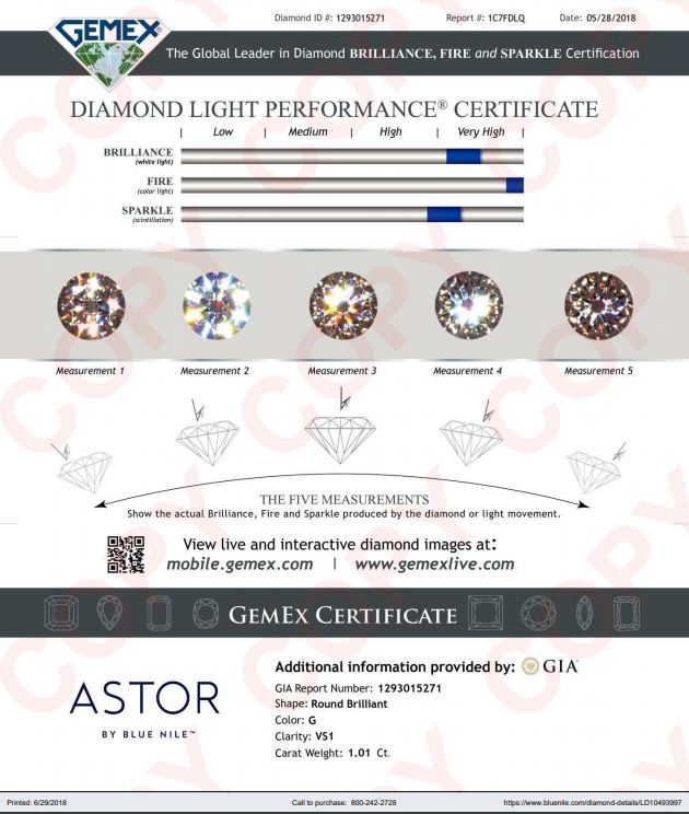 Blue Nile's Astor Diamonds GEMEX diamond light performance certificate Blue Nile Review