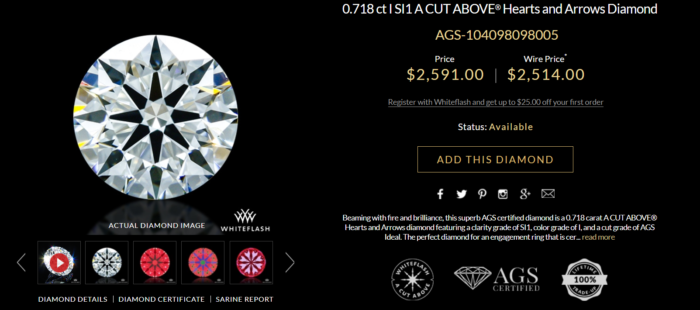 .718ct I SI1 Hearts and Arrows Super Ideal Diamond for $2,514.00